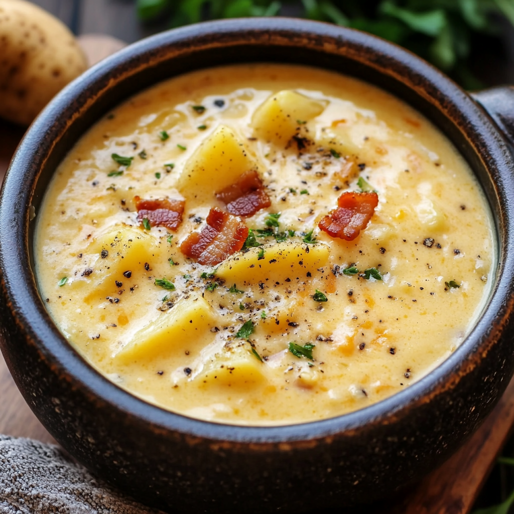 Hearty Cheddar Garlic Herb Potato Soup with Turkey Bacon Bliss