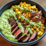 Steak Avocado Roasted Corn Bowl with Cilantro Cream Sauce delights!