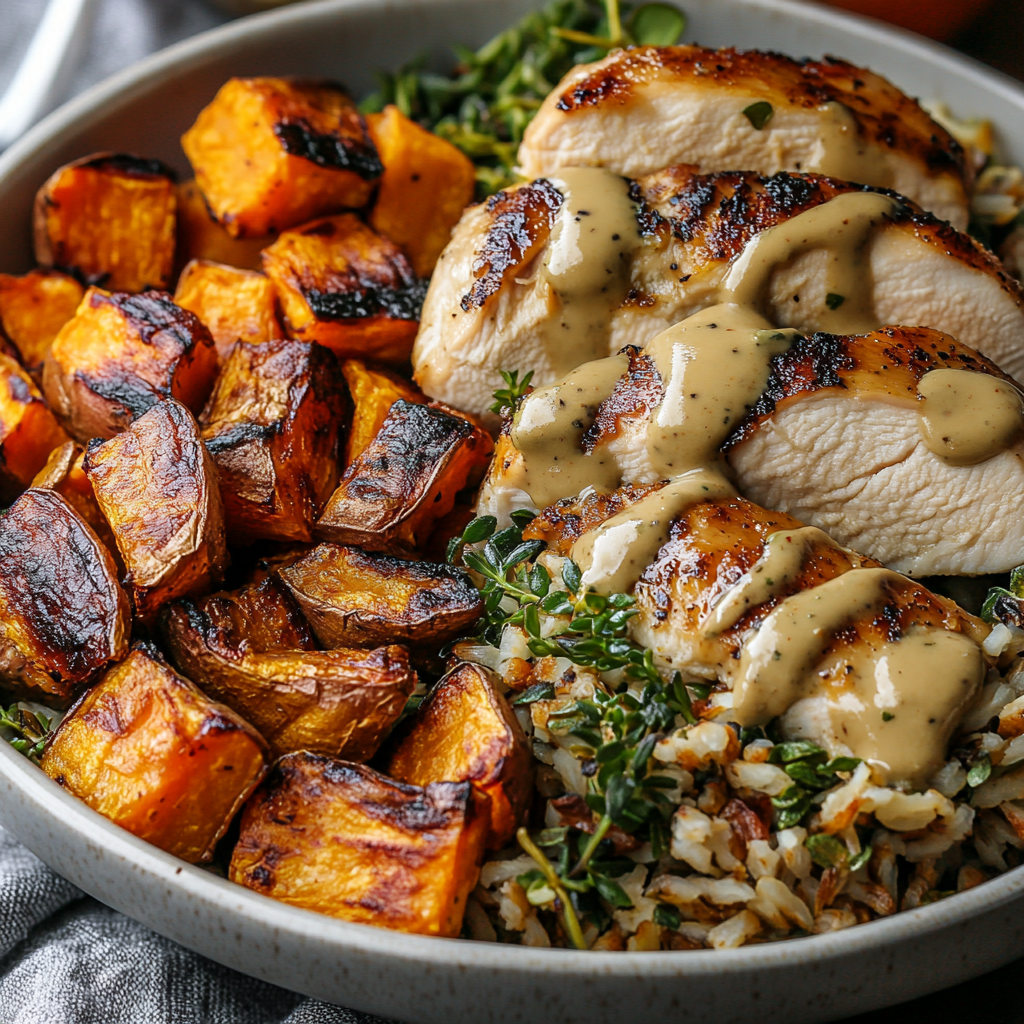 Maple Dijon Chicken & Roasted Sweet Potato Bowls