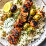 Greek Chicken Skewers with Lemon Rice